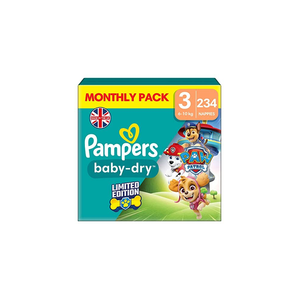 Pampers Baby-Dry Paw Patrol Edition Size 3, 234 Nappies, 6kg-10kg, Monthly Pack, Up to 12h of All-Around Leakage Protection