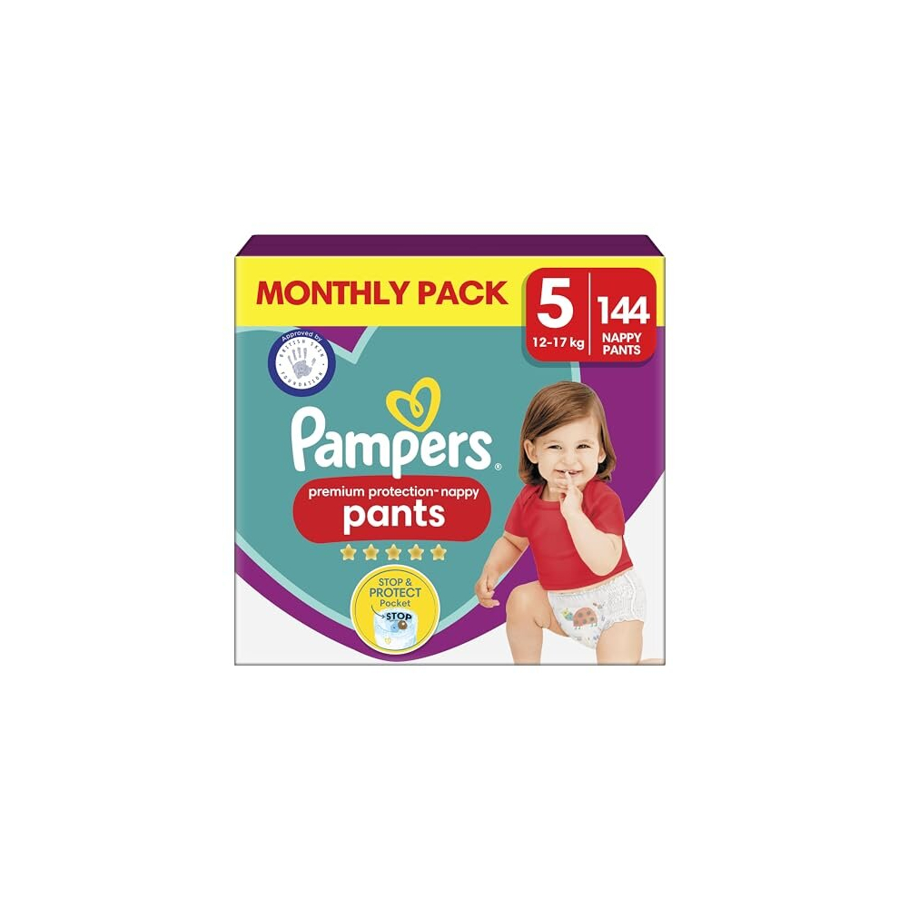 Pampers Baby Premium Protection Nappy Pants, Size 5 12 - 17kg 144 Nappies, MONTHLY SAVING PACK, N1 Comfort and Protection Easy-on Pants