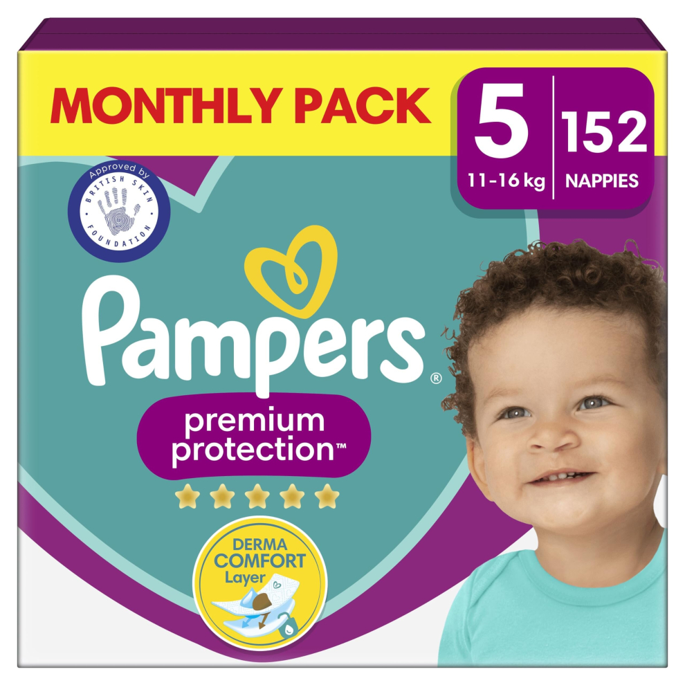 Pampers Baby Premium Protection Taped Nappies, Size 5 11 - 16kg 152 Count, MONTHLY SAVING PACK, N1 Comfort and Protection for Sensitive Skin