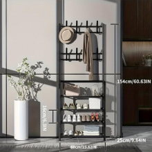 1pc Metal Entrance Coat Rack Foyer Shoe Rack Standing Coat Rack With 4 Layers Of Storage Shelves And 8 Double Hooks Living Room Bathroom Hallway Shoe