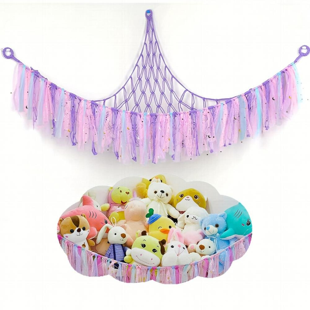 1Pc Stuffed Animal Hammock With Tassels Toy Storage Organizer Hanging Stuff Animals Net Large Capability Corner Toys Display Holder For Nursery Kid Ro Purple