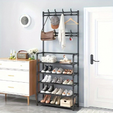 1pc layer Clothes Storage Rack With Shoe Storage Rack Standing Clothes Metal Stand With Hooks For Hats Coats Bags Scarves Clothes Storage And Organiza