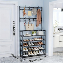 1pc Metal Sturdy Entrance Coat Rack Foyer Shoe Rack Standing Coat Rack With 5 Layers Of Storage Shelves And 8 Double Hooks Living Room Bathroom Hallwa