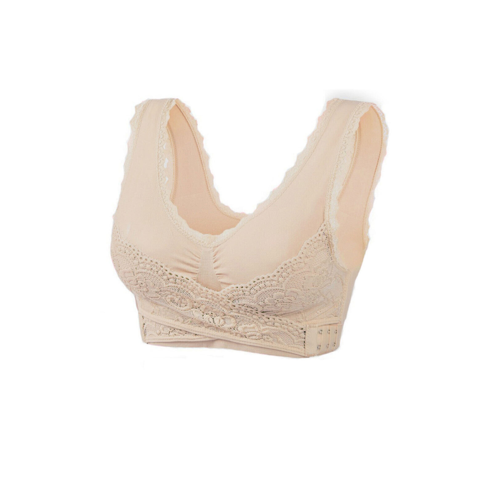 (Beige, 4XL) Women Comfy Corset Bra Front Cross Side Buckle Lace Bras Slim &Shape Posture Bra