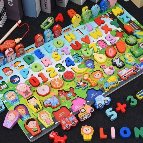 (763 9in1 green) Kids Montessori Educational Wooden Math Toys Children Busy Board Count Shape Colors Match Fishing Puzzle Learning Toys Gifts