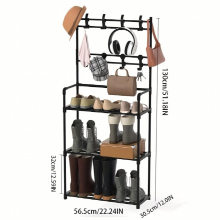 1pc 3 layer Boot Storage Rack With Clothes Storage Shelf DIY Metal Clothes Storage Stand With Hooks For Boots Hats Coats Household Storage Organizatio