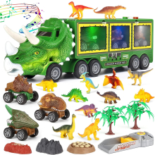 Dinosaur Toys for Kids 3-7, Transporter Truck with Roar Sound & Lights, 3 Pull Back Cars, 12 Dinosaurs