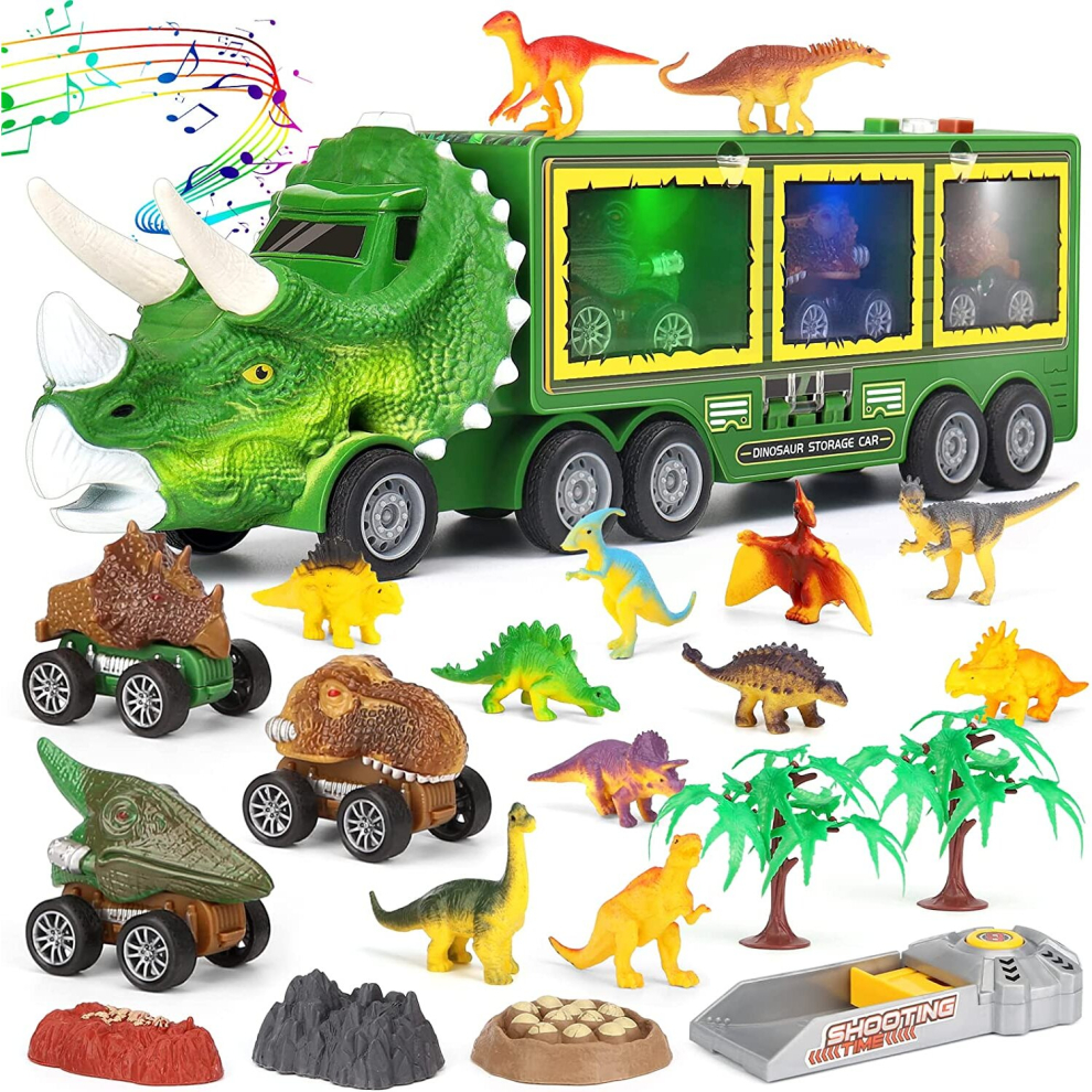 Dinosaur Toys for Kids 3-7, Transporter Truck with Roar Sound & Lights, 3 Pull Back Cars, 12 Dinosaurs