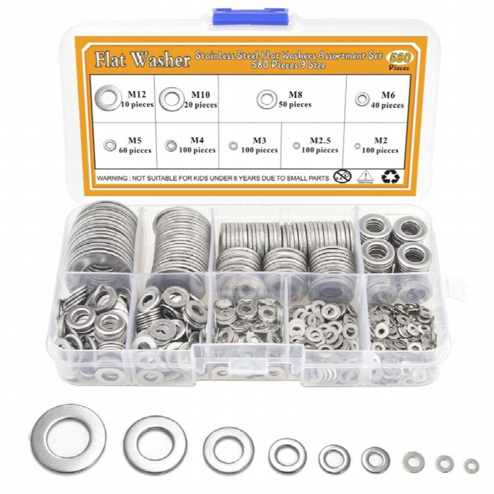 580Pcs 304 Stainless Steel Flat Washers Set 9 Sizes For You To Use 304 Stainless Steel Flat Washers Set 885681188625