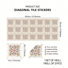 1 Roll 21 Moroccan Printed Tile Diagonal Line Stickers Self adhesive Waterproof Floor Stickers Living Room Dining Room Balcony Study Home Decoration W