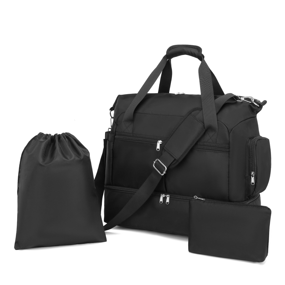 (Black) Waterproof Multi-Pocket Travel Duffel Bag Set With Dedicated Shoe Compartment