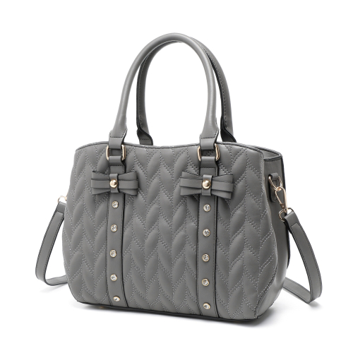 Miss Lulu (Grey) Miss Lulu Chic Quilted PU Leather Bow Accents Tote Handbag