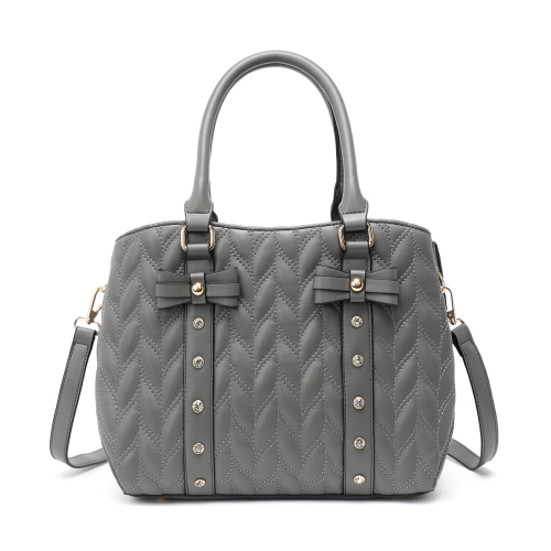 Miss Lulu (Grey) Miss Lulu Chic Quilted PU Leather Bow Accents Tote Handbag 1