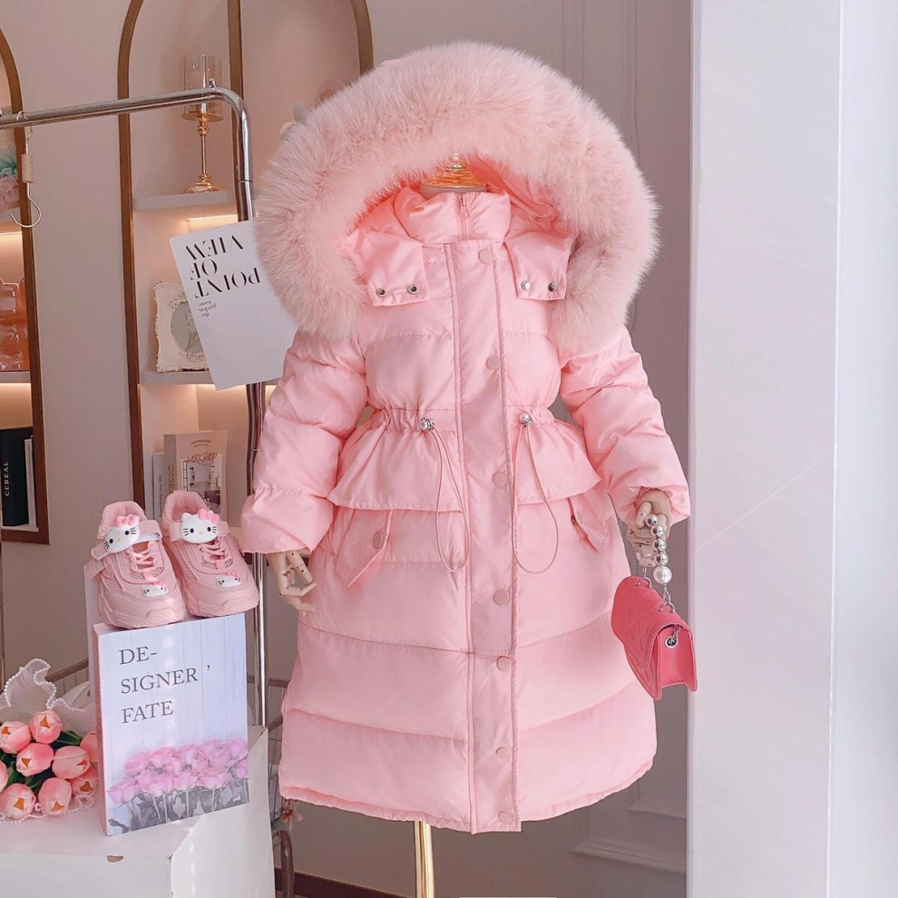 (Pink, 140) 2024 Winter Girls Down Clothes Fashion Long Fur Hooded Cotton Padded Jacket Kids Warm Slim Waist Children Outerwear