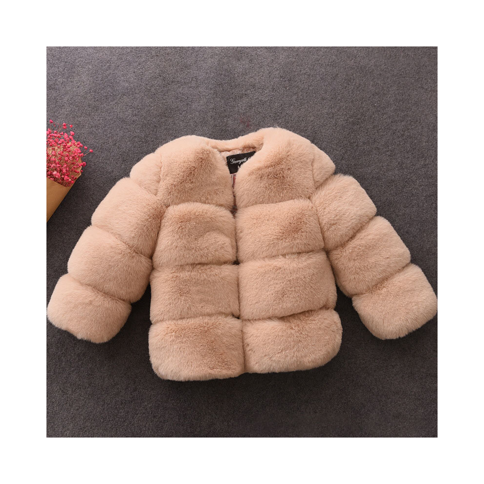 (Light Tan, 130) Winter Warm Kids Jackets Faux Fur Baby Girl Coats Thick Teenage Children Overcoats Toddler Outerwear Windproof Snow Clothes