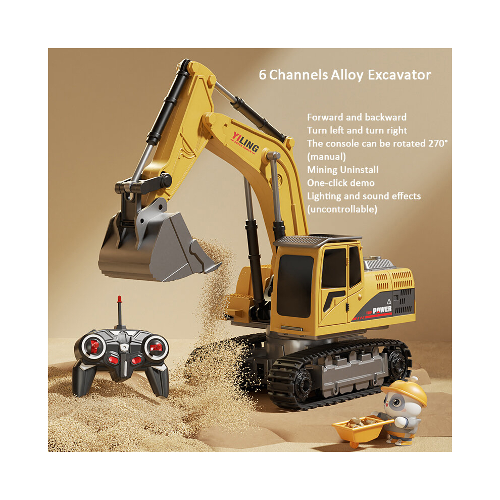 (6 Channels) Alloy Remote Control Excavator Toy Car with Lights Sound Effect Electric Excavator Automobile Engineering Vehicle Children Gifts