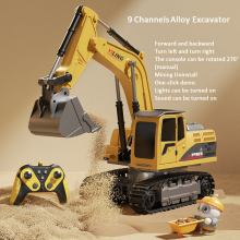 (9 Channels) Alloy Remote Control Excavator Toy Car with Lights Sound Effect Electric Excavator Automobile Engineering Vehicle Children Gifts