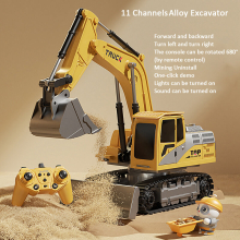 (11 Channels) Alloy Remote Control Excavator Toy Car with Lights Sound Effect Electric Excavator Automobile Engineering Vehicle Children Gifts