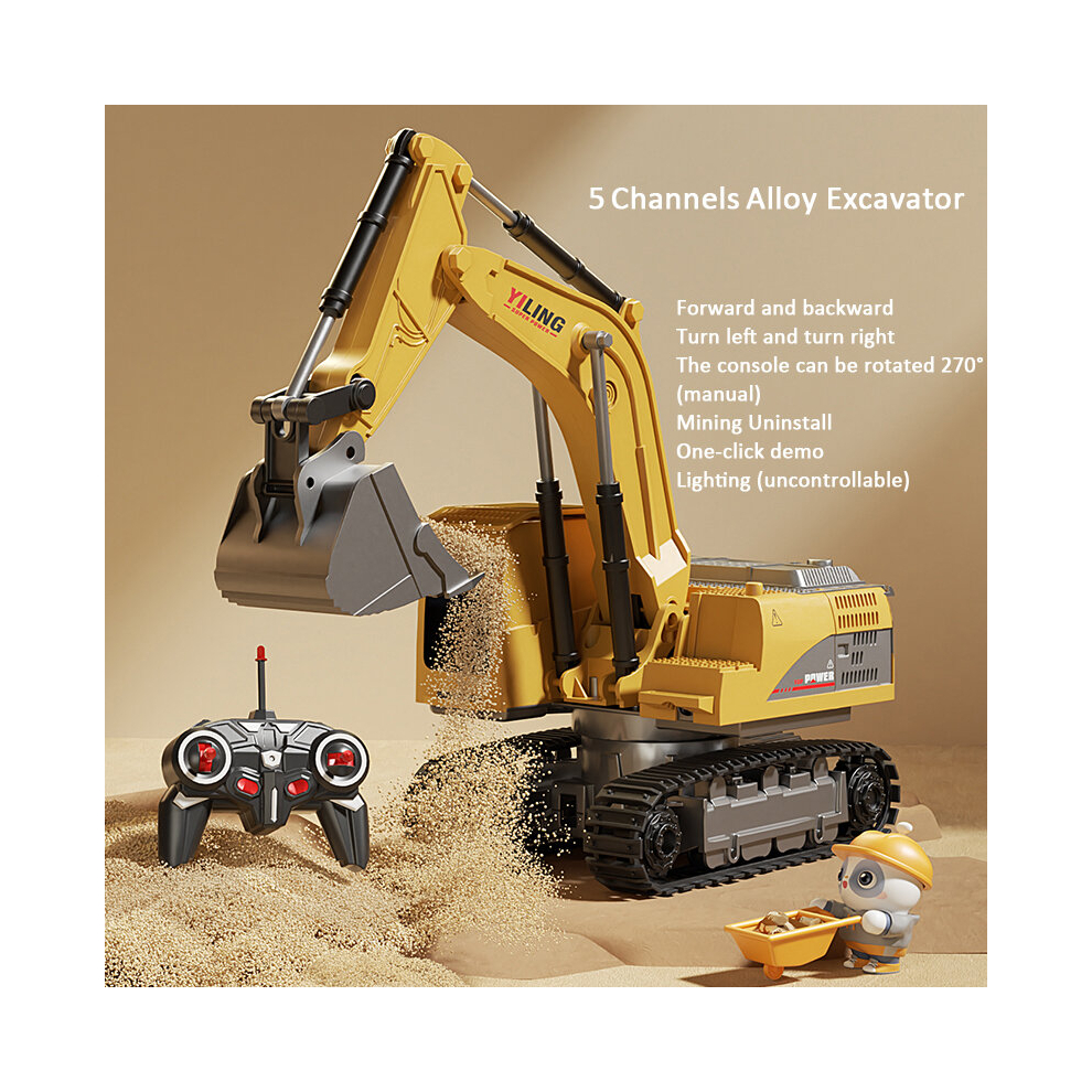 (5 Channels) Alloy Remote Control Excavator Toy Car with Lights Sound Effect Electric Excavator Automobile Engineering Vehicle Children Gifts