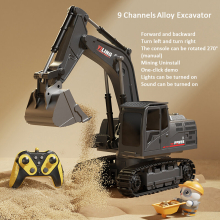 (9 Channels black) Alloy Remote Control Excavator Toy Car with Lights Sound Effect Electric Excavator Automobile Engineering Vehicle Children Gifts