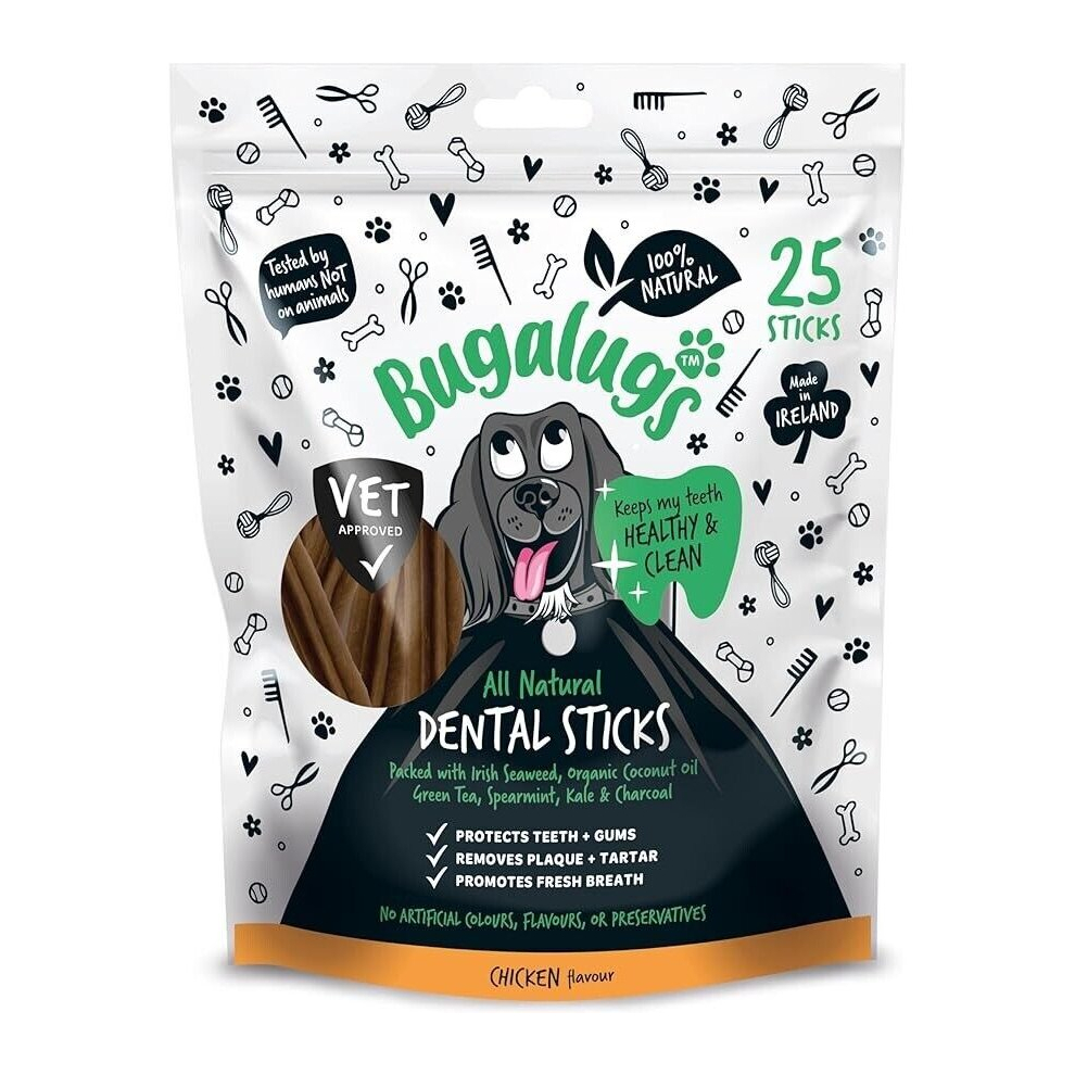 Bugalugs Dental Sticks Dogs 100% Natural Dog treats & Dog Chews for Dog Teeth Cleaning, Dog Plaque Remover & Dog Breath Freshener (25x Sticks Chicken)