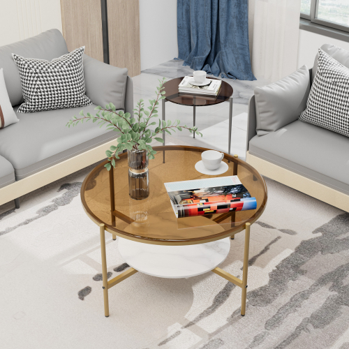 2-Tier Round Coffee Table Tempered Glass Top Sintered Stone End Table 1