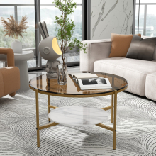 2-Tier Round Coffee Table Tempered Glass Top Sintered Stone End Table