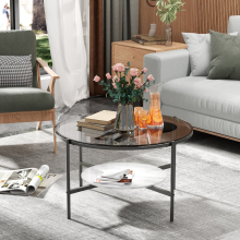 Living Room 2-tier Coffee Accent Table Tempered Glass Top Black Frame