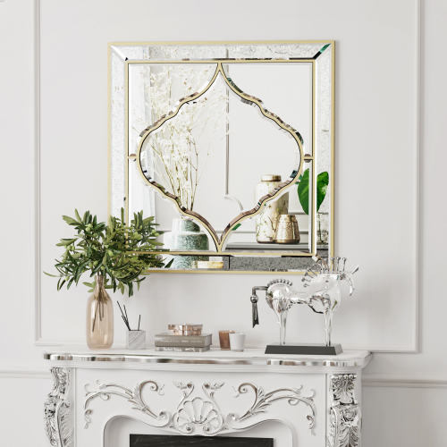 Square Wall Hanging Decorative Accent Gold Rim Silver Glass Mirror