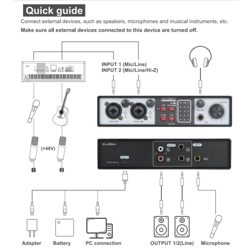 2 in 2 Out USB Audio Interface Recording Sound Card 32Bit/384KHZ 2