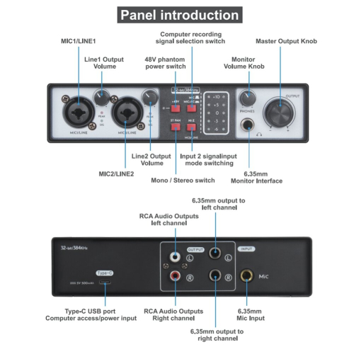 2 in 2 Out USB Audio Interface Recording Sound Card 32Bit/384KHZ 1
