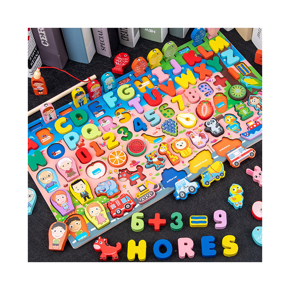 (763 9in1 pink) Kids Montessori Educational Wooden Math Toys Children Busy Board Count Shape Colors Match Fishing Puzzle Learning Toys Gifts