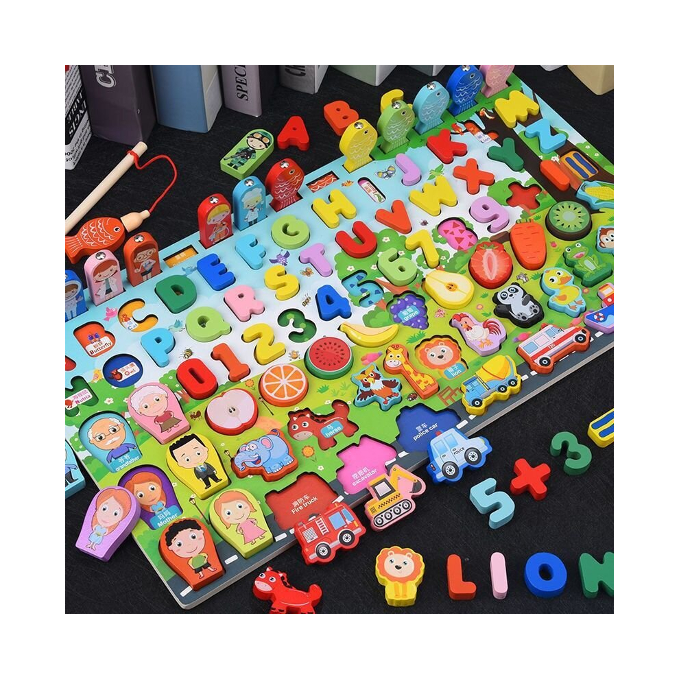 (763 9in1 green) Kids Montessori Educational Wooden Math Toys Children Busy Board Count Shape Colors Match Fishing Puzzle Learning Toys Gifts