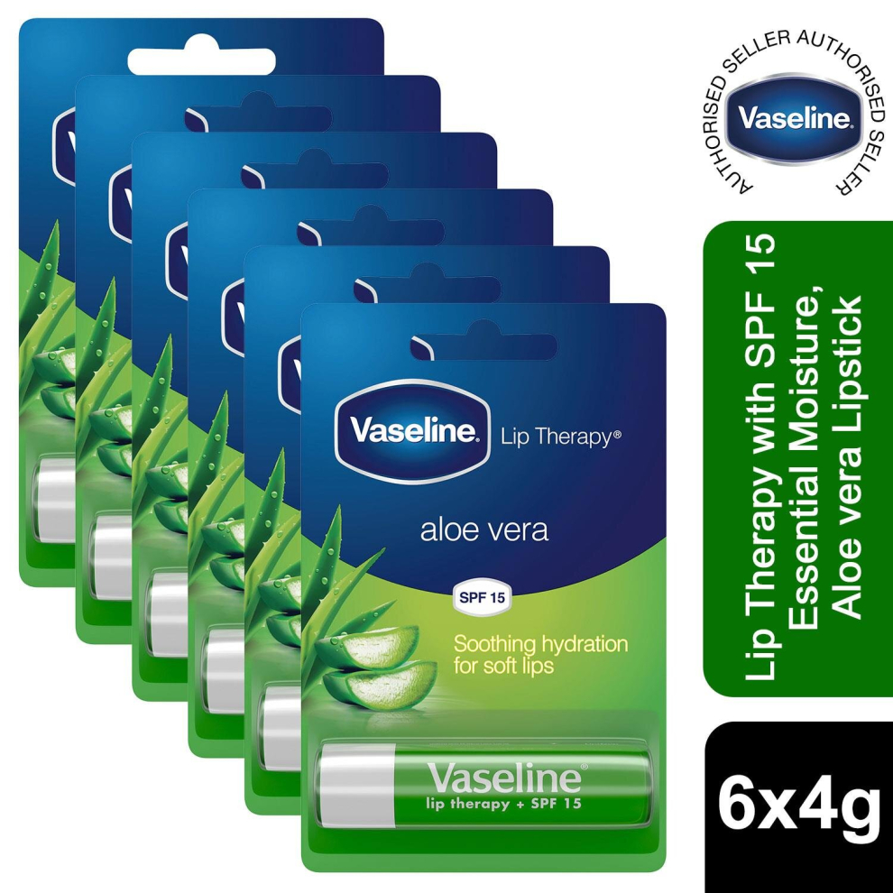 Vaseline Lip Therapy With Petroleum Jelly Balm, Aloe Vera, 6 Pack