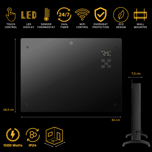 Tempered Glass Smart Panel Heater, 1500w. 2