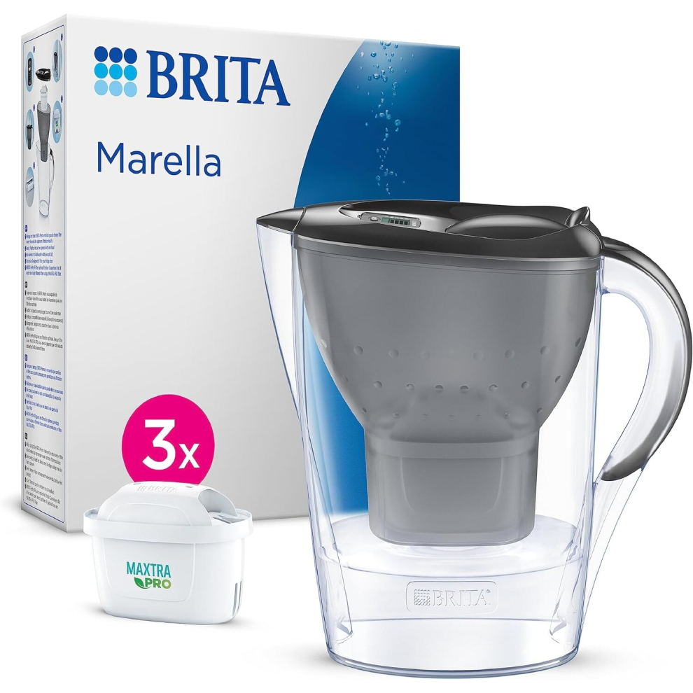 BRITA Marella Water Filter Jug Graphite Starter Pack incl.3x MAXTRA PRO cartridges fridge-fitting jug digital LTI Flip-Lid Smart Box packaging 2.4L