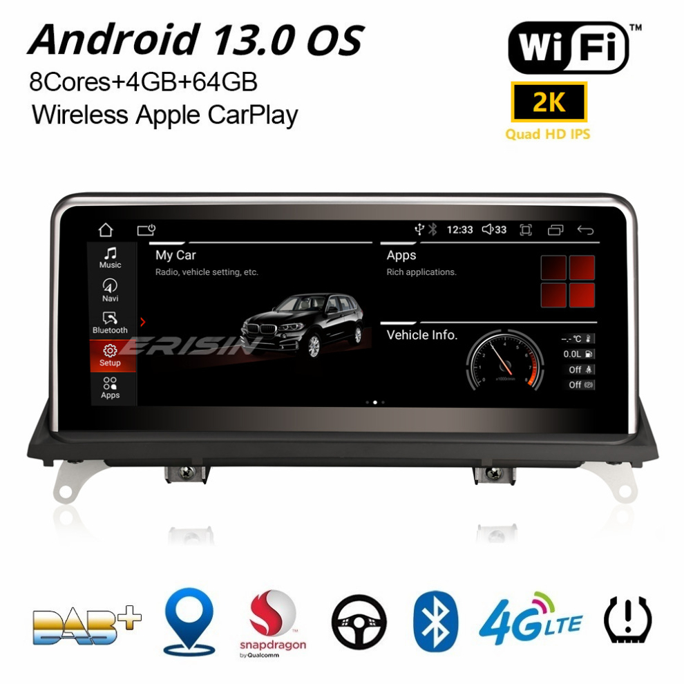 Erisin Qualcomm 10.25" Android 13 BMW X5 E70 X6 E71 CIC GPS DAB+ Car Stereo CarPlay DSP 8-Core 4GB+64GB IPS WiFi iDrive Canbus