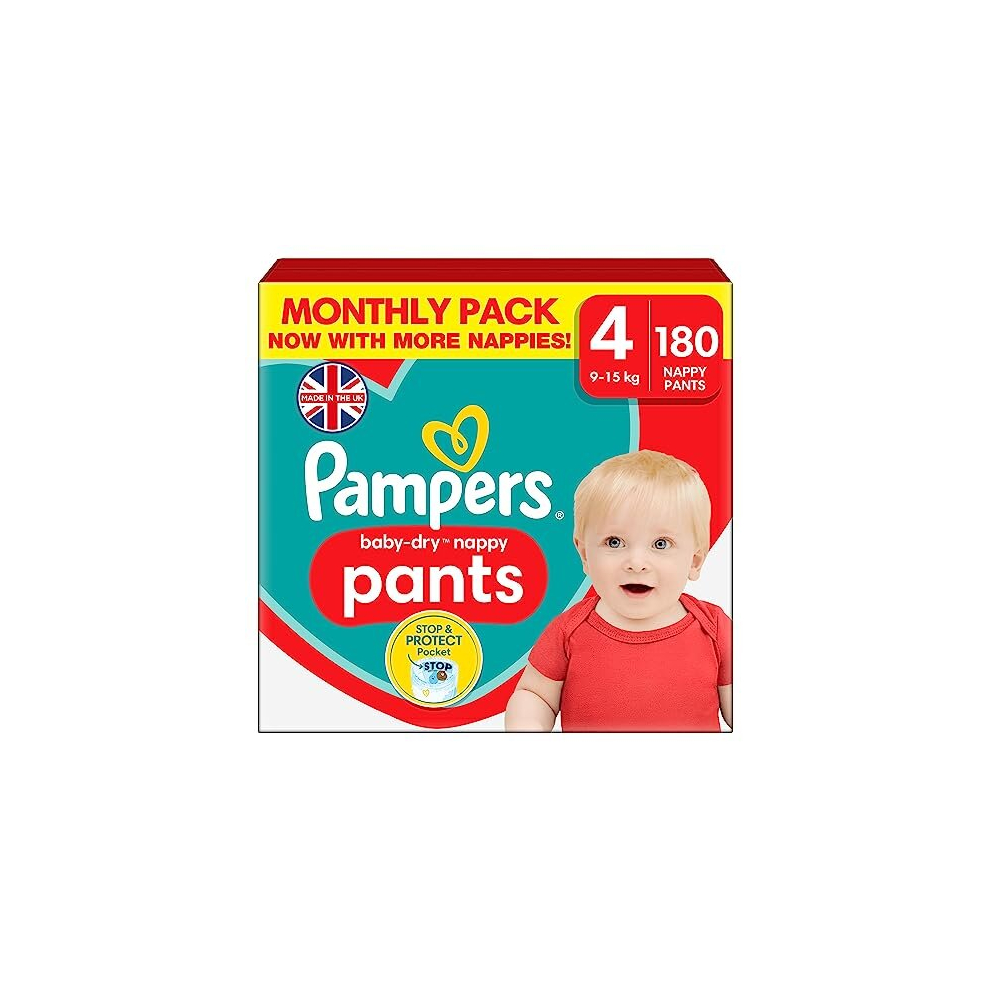Pampers Baby-Dry Nappy Pants, Size 4 9 - 15kg 180 Nappies, MONTHLY SAVING PACK, Stop and Protect Pocket for Leak Free Protection