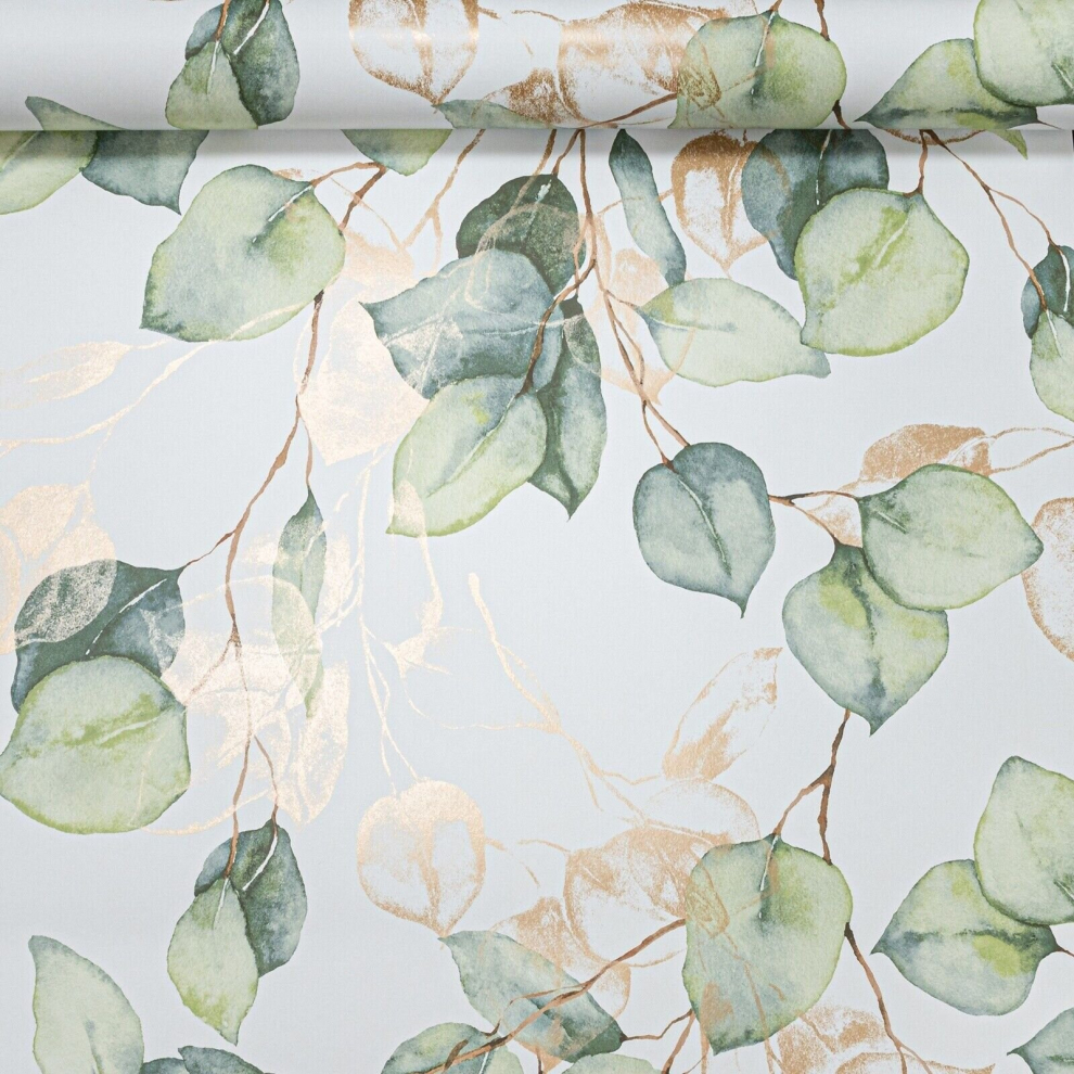 Green Ecualyptus Floral Wallpaper White Gold Metallic Light Green Leaves Smooth 5061018351558