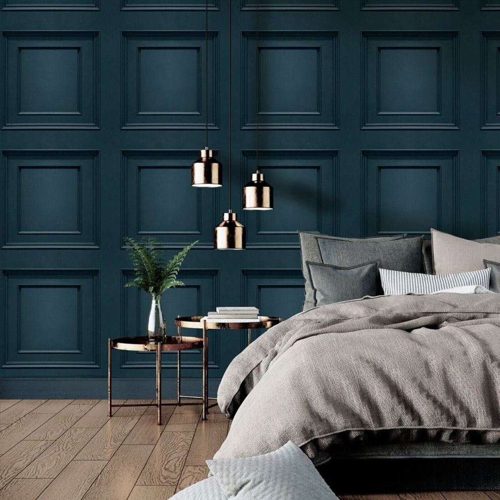 Navy Panel Effect Wallpaper 3D Wood Effect Smooth Matte Finish Oliana Belgravia