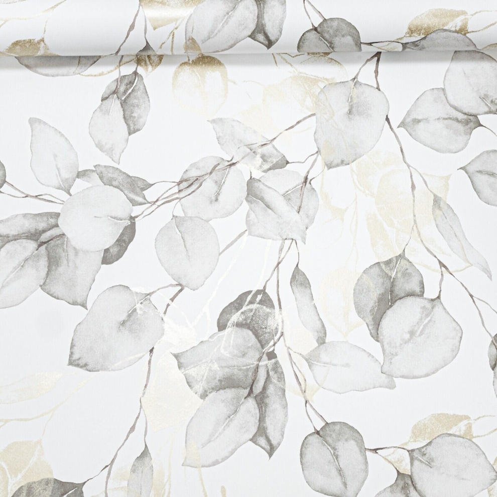 Muriva Natural Floral Wallpaper Metallic Eucalyptus Leaves Smooth Grey/White/Gold