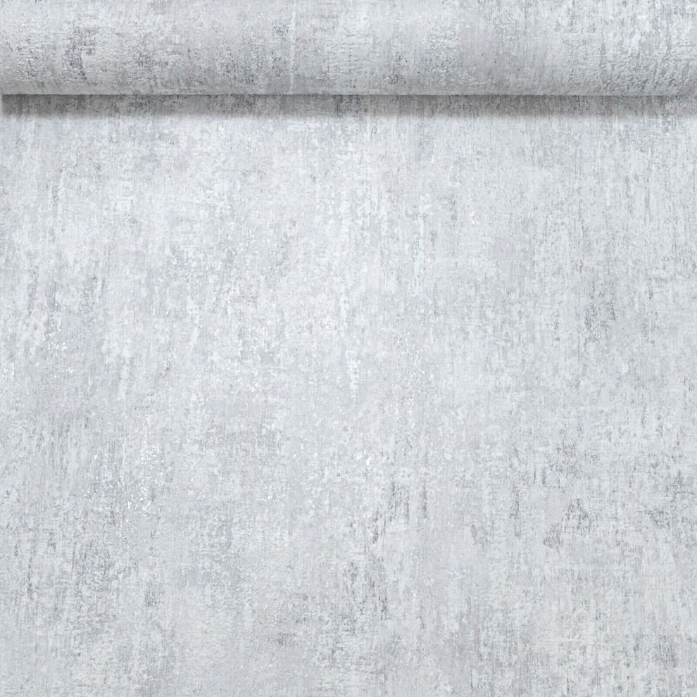 Plain Grey Concrete Effect Wallpaper Textured Distressed Silver Metallic Vinyl