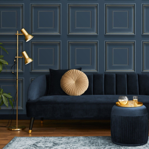 Navy Panel Effect Wallpaper Metallic Gold Realistic 3D Wood Effect Flat Finish 2