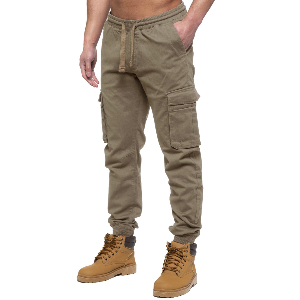 (30 Regular, Beige) Enzo Mens Elasticated Waist Stretch Cuffed Jeans