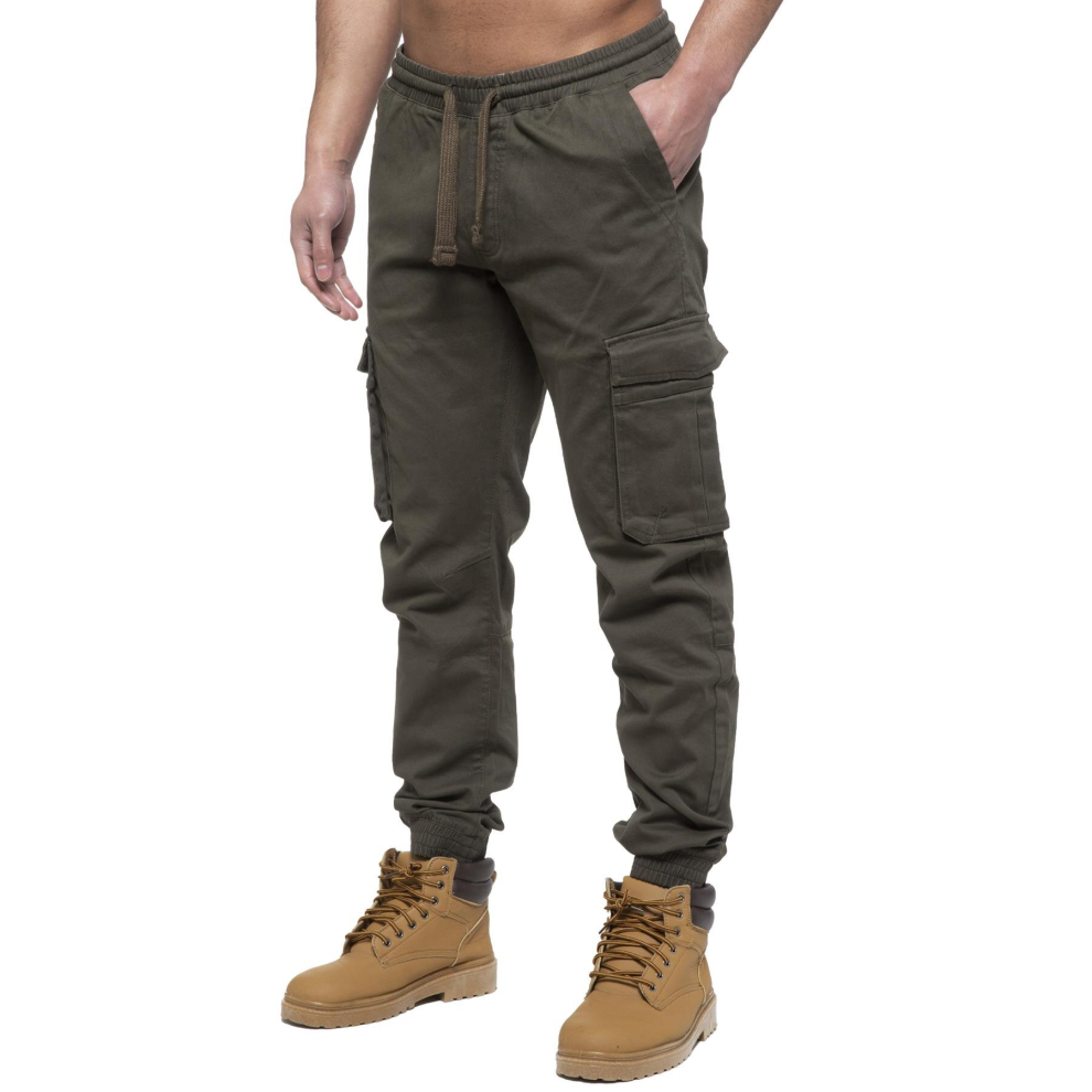 (32 Regular, Khaki) Enzo Mens Elasticated Waist Stretch Cuffed Jeans-image-OPC-PD8YMCN-NEW