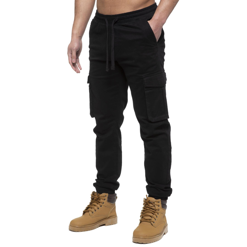 (30 Regular, Black) Enzo Mens Elasticated Waist Stretch Cuffed Jeans