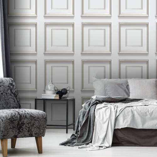 Light Grey Panel Effect Wallpaper Metallic Realistic 3D Wood Effect Flat Finish 1