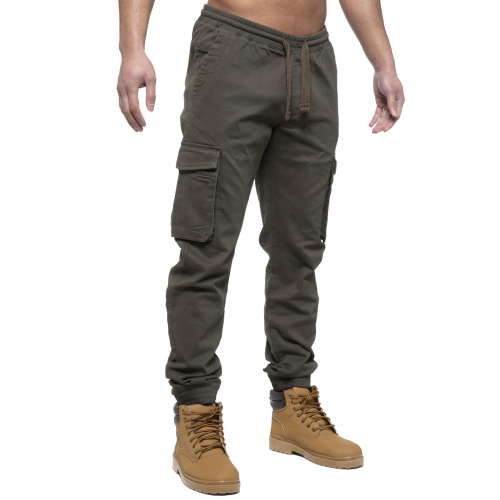 Ze Enzo (32 Regular, Khaki) Enzo Mens Elasticated Waist Stretch Cuffed Jeans 1