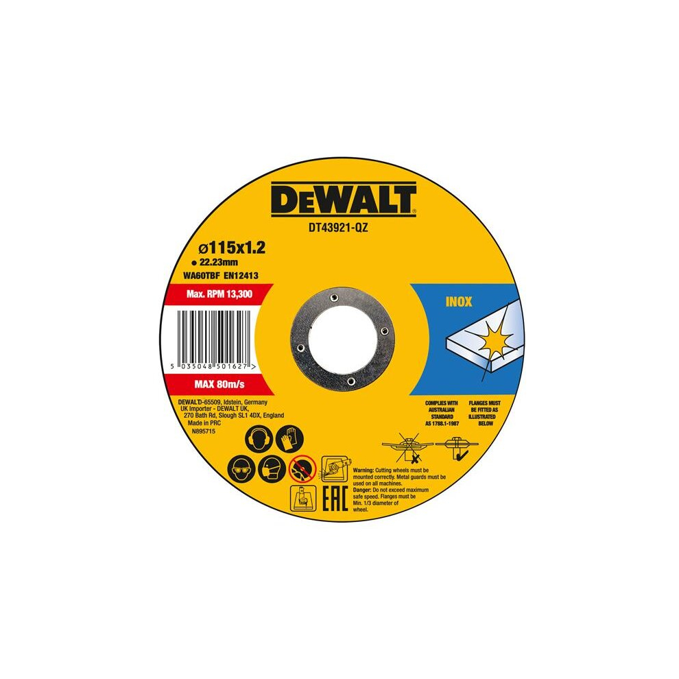 DEWALT DT43921-QZ DT43921 Metal Cut Off Disc 115 x 1.2 x 22.23mm (Pack 10)