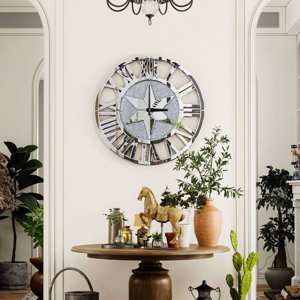 Artloge 24Inch Large Roman Numeral Wall Clock Sparkly Crushed Diamond Clock Silver
